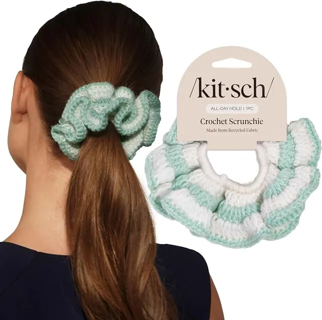 Kitsch Crochet Hair Scrunchie For Women - Seafoam Blue, 1pc | Gentle, No Crease Hold – Hair Scrunchie For Girls – Fluffy Texture For Everyday…