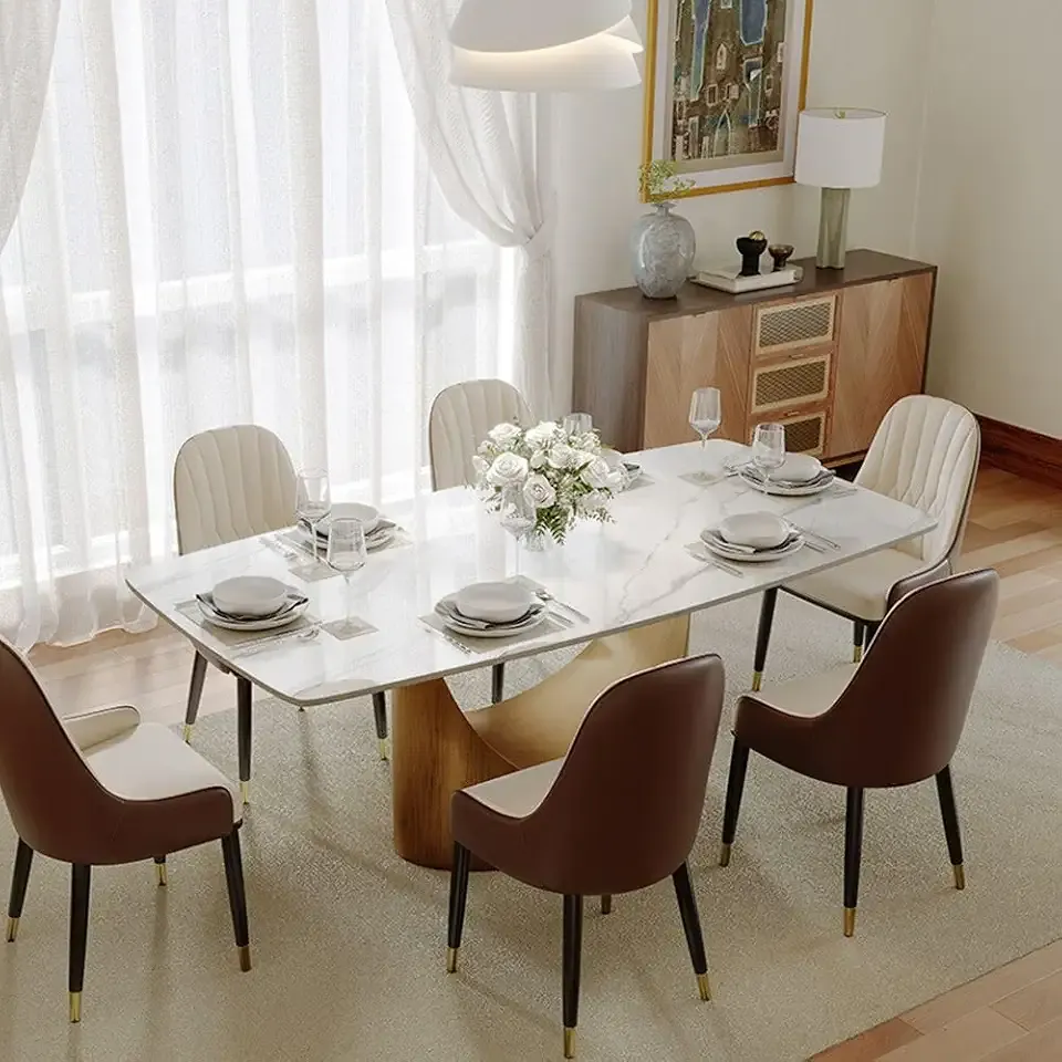 POVISON 71" Hobart Modern Rectangular Dining Table for 6, Glossy White Sintered Stone Tabletop with Bronze Carbon Steel Pedestal for Dining Room (Table Only