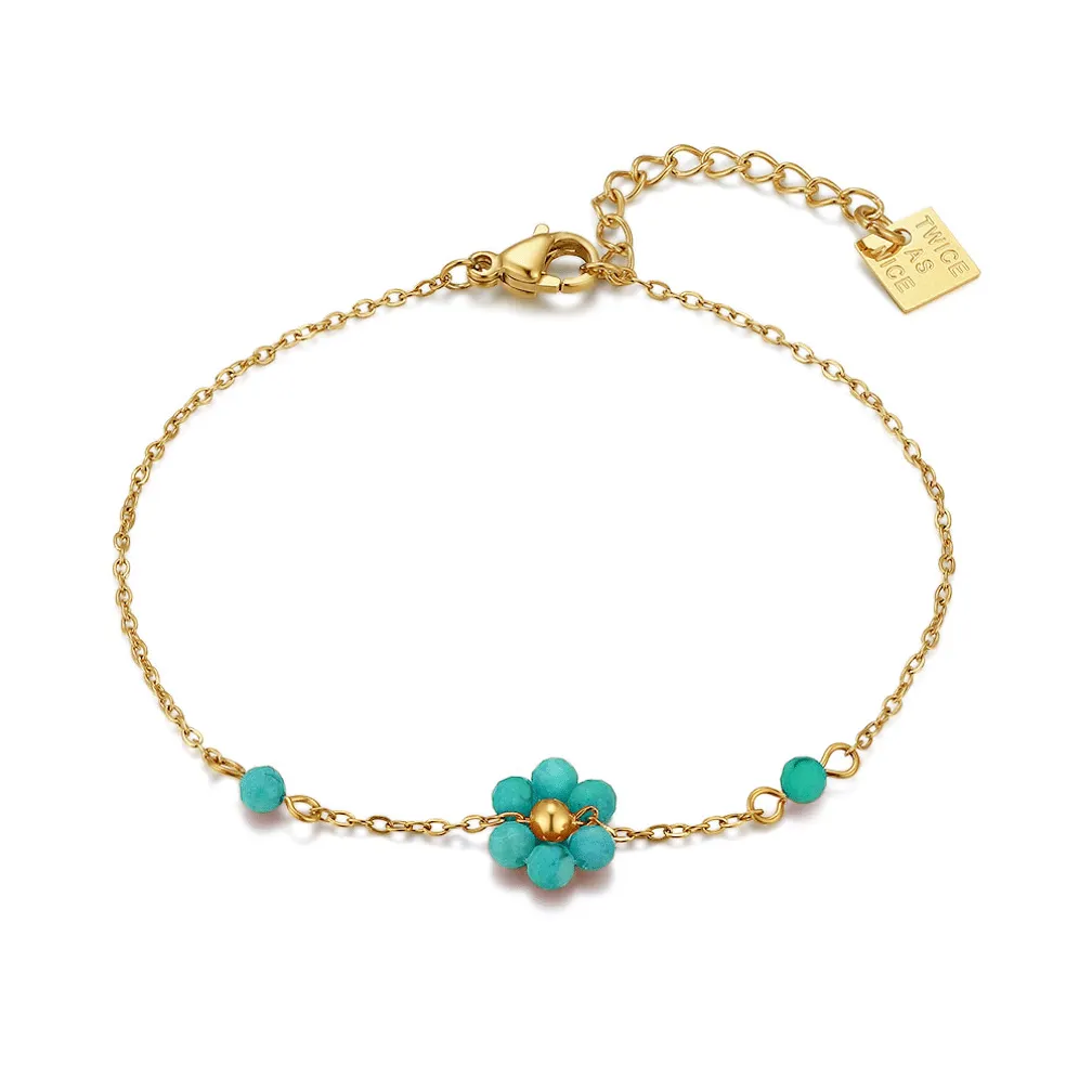 Armband in edelstaal, bloemen met turquoise stenen