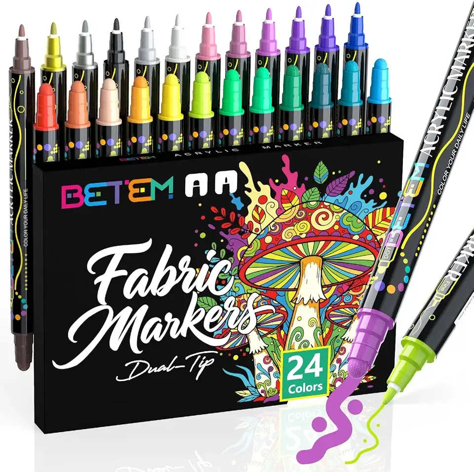 Betem 24 Colors Dual Tip Acrylic Paint Markers, Fabric Decorating Kits Premium Water-Based Acrylic Paint Pens Art Supplies for Fabric, Rock, Wood, Glass, Canvas, Ceramic, Teacher Appreciation Gift