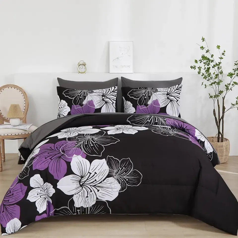 Luxudecor Floral Comforter Set King Size, 7 Pieces Bed in a Bag Purple Floral Comforter and Sheet Set, Soft Microfiber Complete Bedding Sets for All Seasons