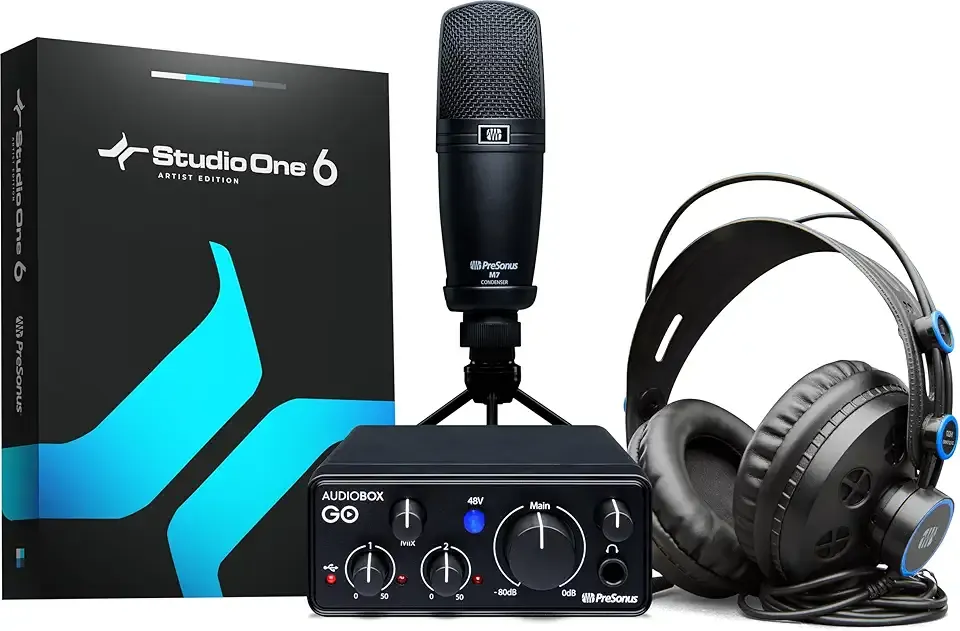 PreSonus AudioBox Go Creator Complete Studio Recording Bundle with USB Audio 96K Interface, Condenser Microphone, Professional Monitoring Headphones, and Studio One Pro DAW Software