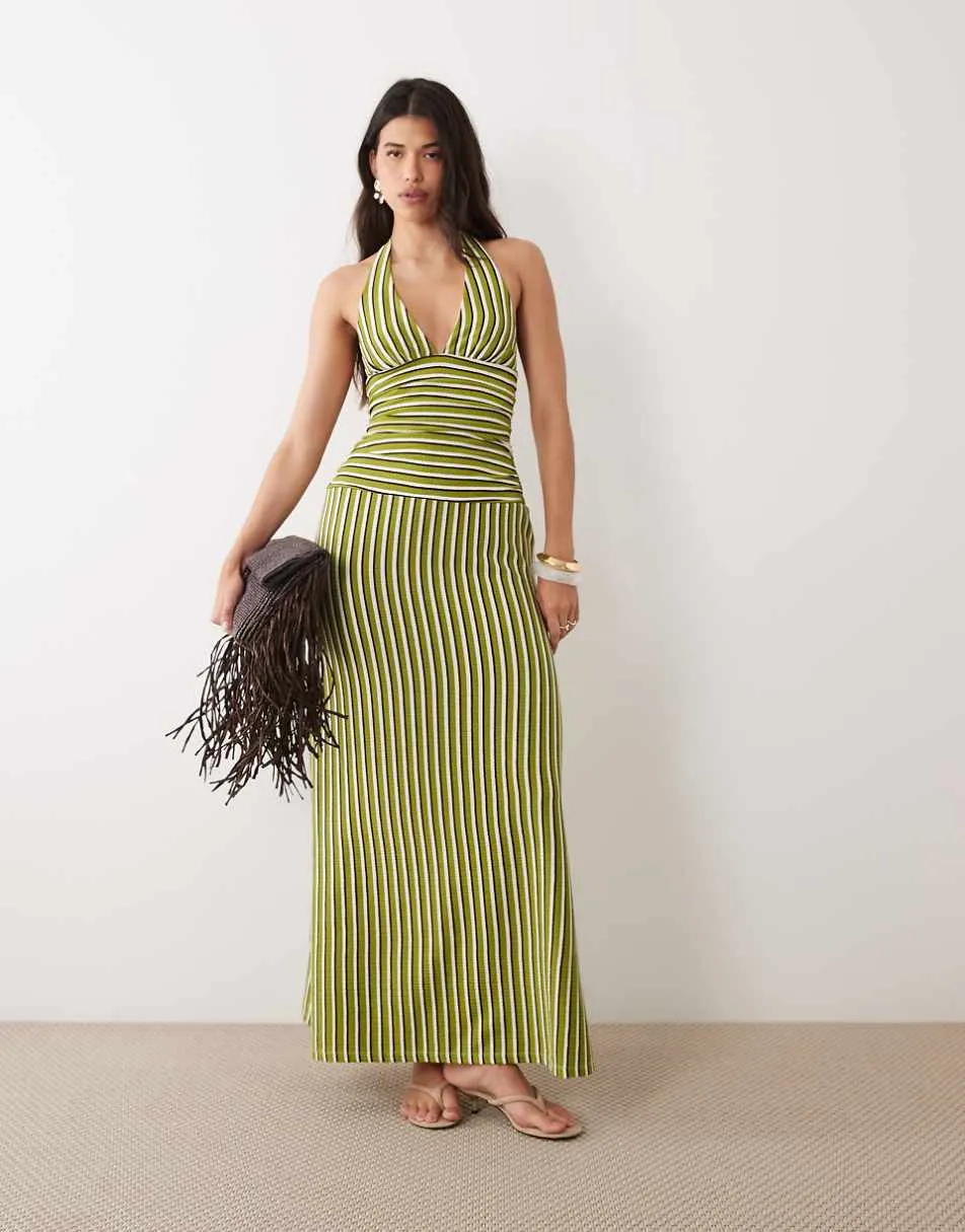 Gina Tricot halter neck backless maxi dress in green stripe