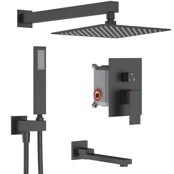 GIVING TREE Single-​Handle 3-​Spray Hand Shower Tub and Shower Faucet with 12 in.​ Wall Mount Rain Shower Heads in Matte Black