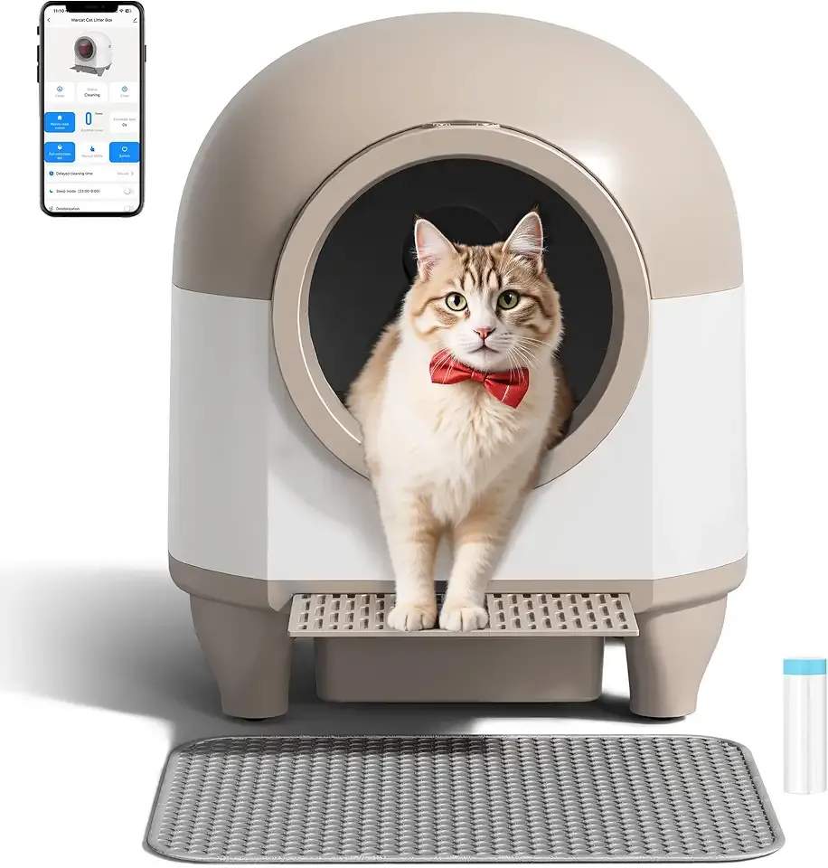 WARCAT Self Cleaning Litter Box Automatic, 90 L Automatic Cat Litter Box for Multiple Cats APP-Controlled with Smart Sensors, Safety Protection,Mat,1 Roll Garbage Bag (Brown)