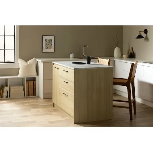 South Shore Myro Kitchen Island with Door and Drawers in Faux White Marble and Blonde Oak, 46.75 in. x 29 in.