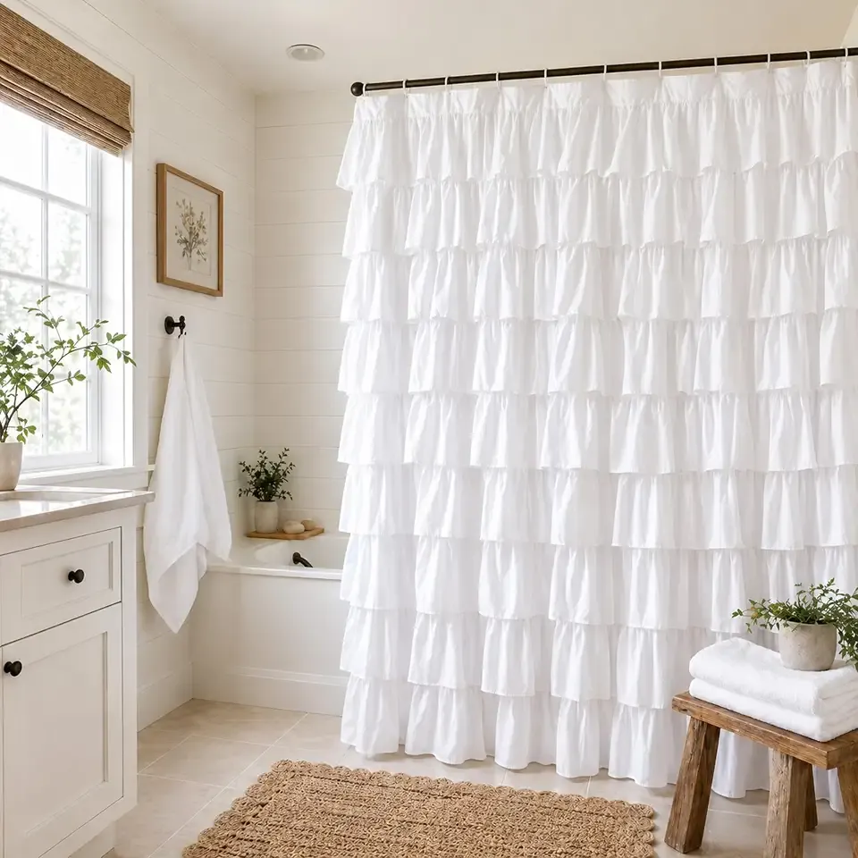 White Ruffle Shower Curtain - Farmhouse Cloth Bathroom 72 x 72 Inches Texture Fashion, Double Layer Fabric, Soft Feel, not See Through.