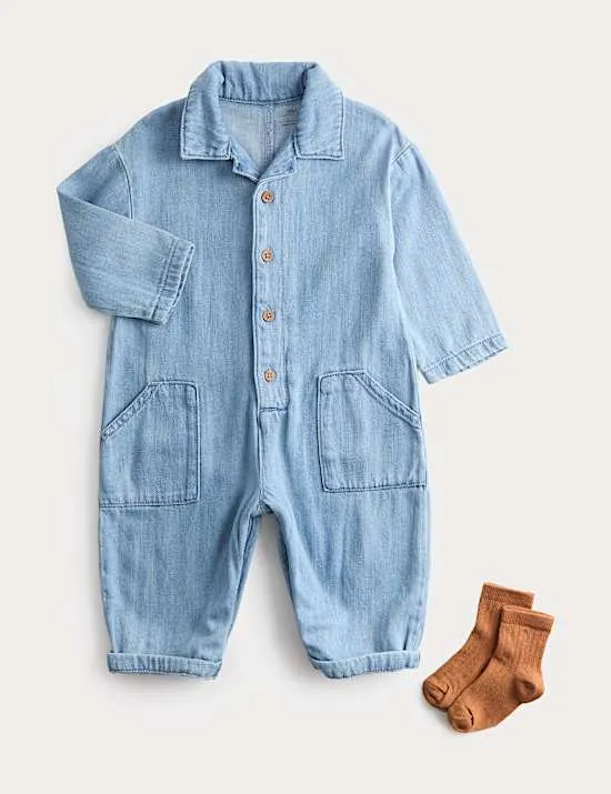 2 Piece Cotton Rich Boiler Suit with Socks (0 Months-6 Years)
