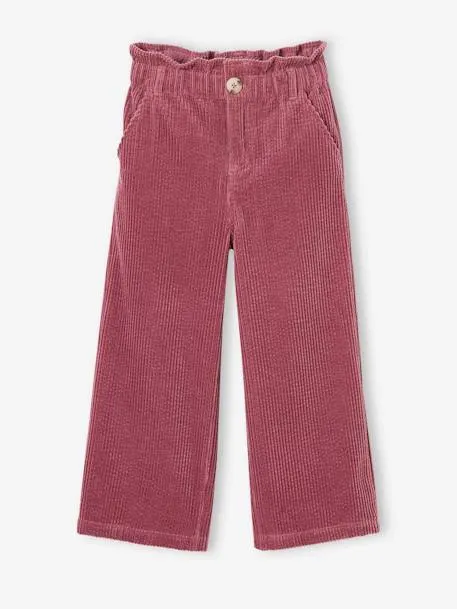 Pantalon fille large velours côtelé style paperbag - mauve