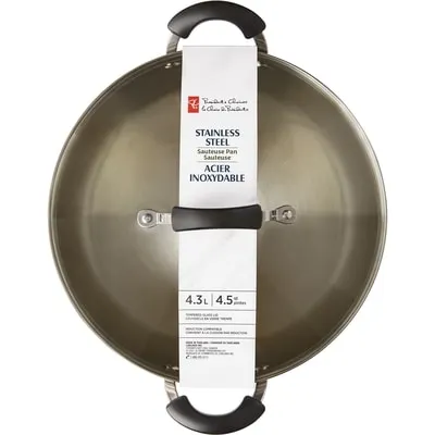 President's Choice Stainless Steel Sauteuse Pan 4,5 qt with Break Resistent Glass Lid and cool touch handles, Induction Compatible