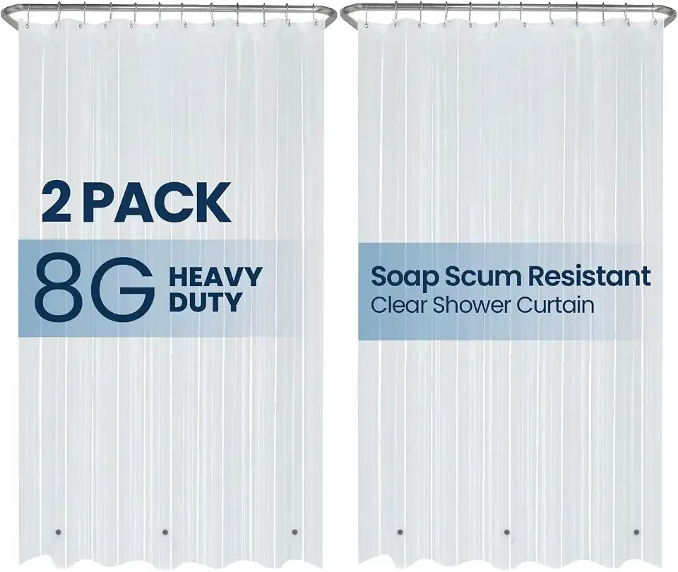 LiBa Shower Curtain PEVA 8G, 72x72 Inch Clear 2-Pack | Non-Toxic PEVA shower liner, waterproof plastic shower curtain, rust-proof grommets, weighted magnets, bathroom accessories