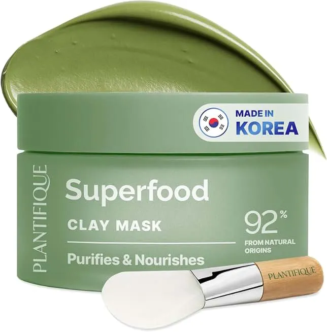 PLANTIFIQUE Korean Clay Mask for Pore Cleansing, Dermatologically Tested | Face Masks Skincare with Kaolin Clay & Superfoods - Hydrating & Soothing – Mascarilla de Arcilla, Includes Spatula, 3.88oz