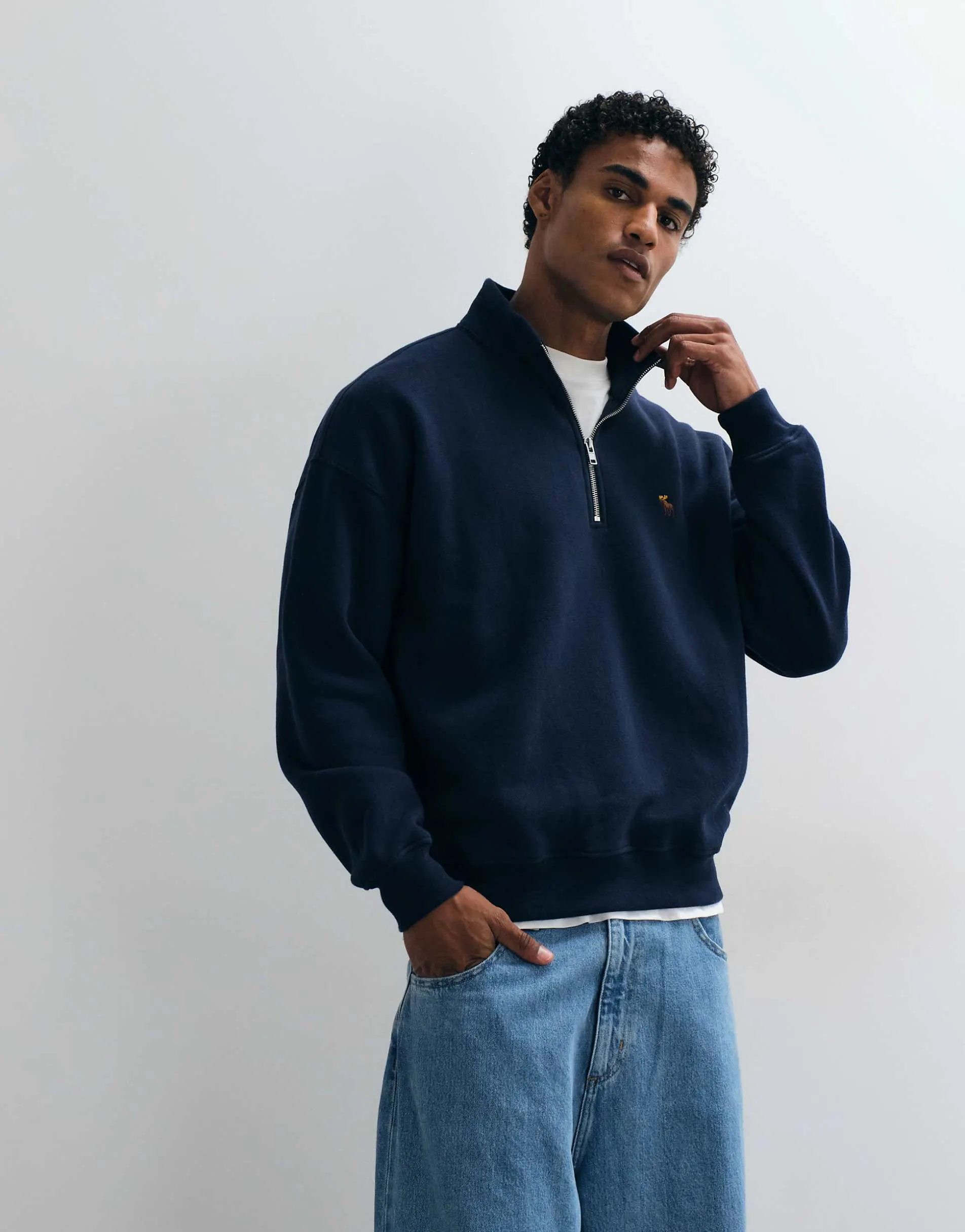 Abercrombie & Fitch icon logo oversized 1/4 zip sweatshirt in navy