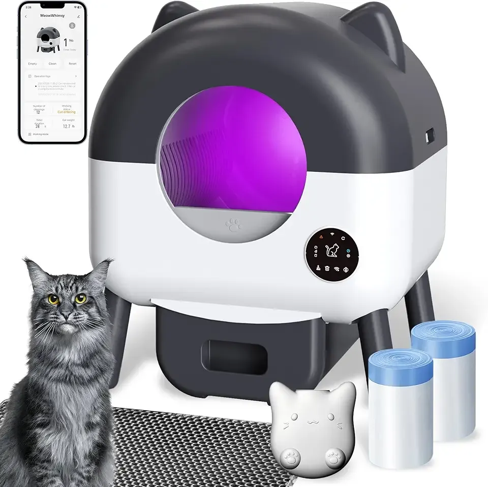 Automatic Self Cleaning Litter Box, MeowWhimsy Extra Large Automatic Cat Litter Box Self Cleaning Robot S7 for Cats, Smart Safety Sensors-App Control-Low Noise, Washable Tray,40 pcs Trash Bag