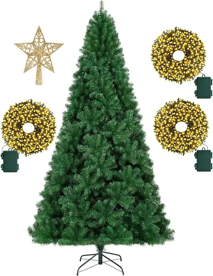 KTKDE 7.5ft Artificial Christmas Tree is a Green one with 1450 Tips and 300 Battery-Powered LED Columns. It Features 7.87-inch Golden Five Pointed Star and is Perfect for Family and Office Gatherings