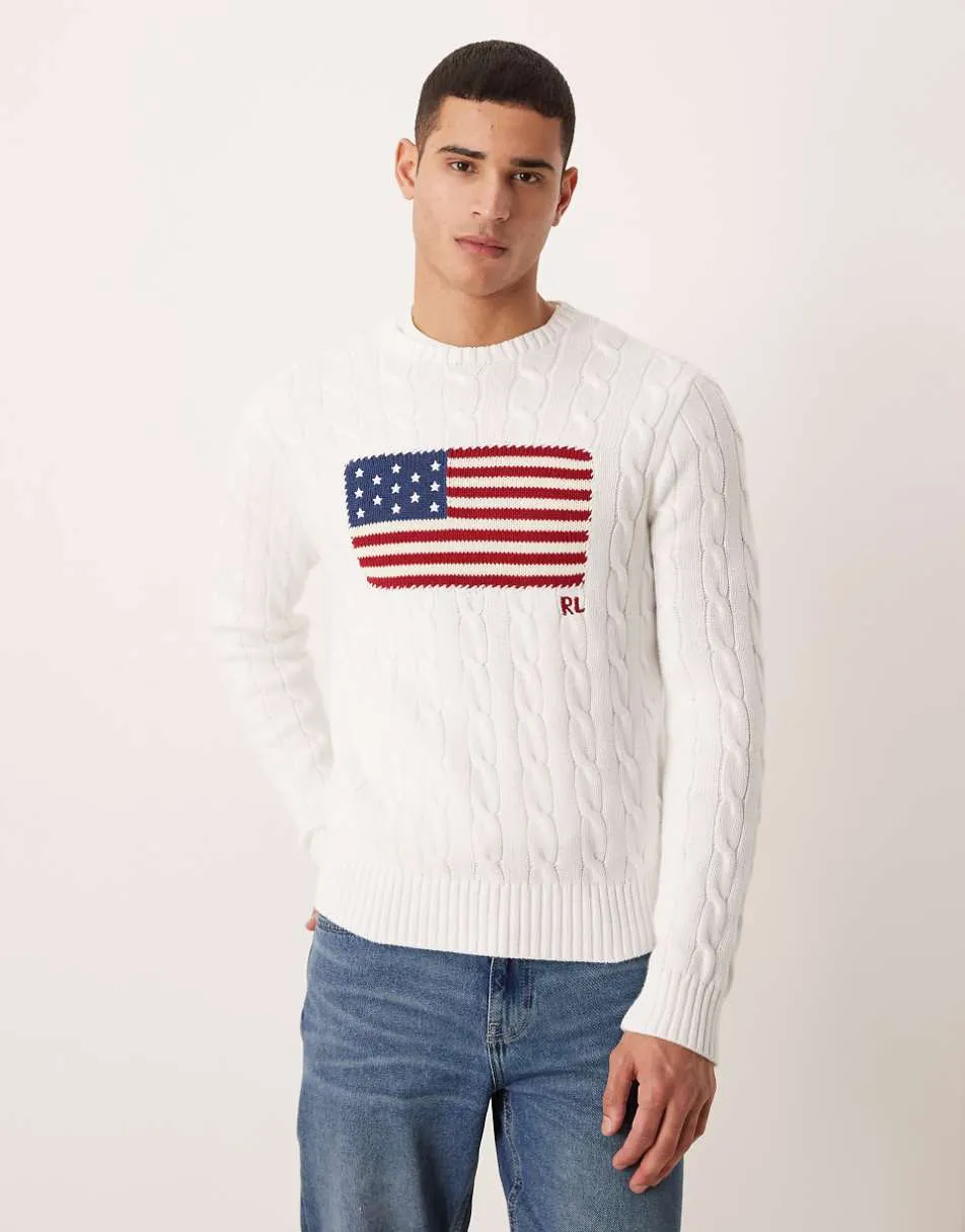 Polo Ralph Lauren Team USA chest flag cotton cable knitted jumper in White