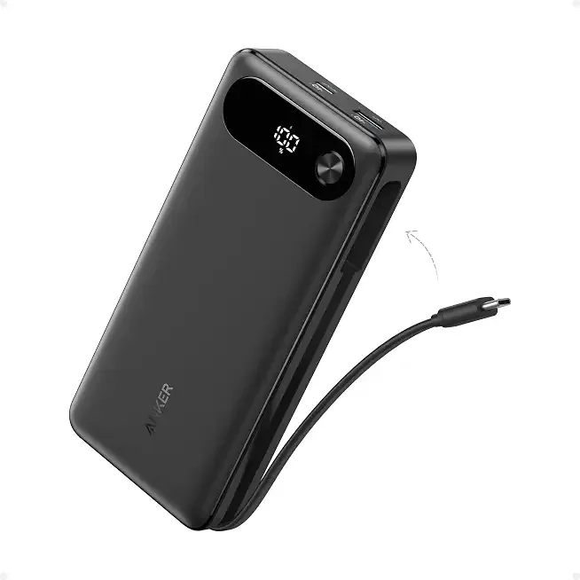 Anker Power Bank, 20,000mAh Travel Essential, Built-in USB-C Cable(Black) | 1 USB-C and 1 USB-A port, for MacBook Pro/Air, iPhone 17/16/15/14, Samsung, Switch and more