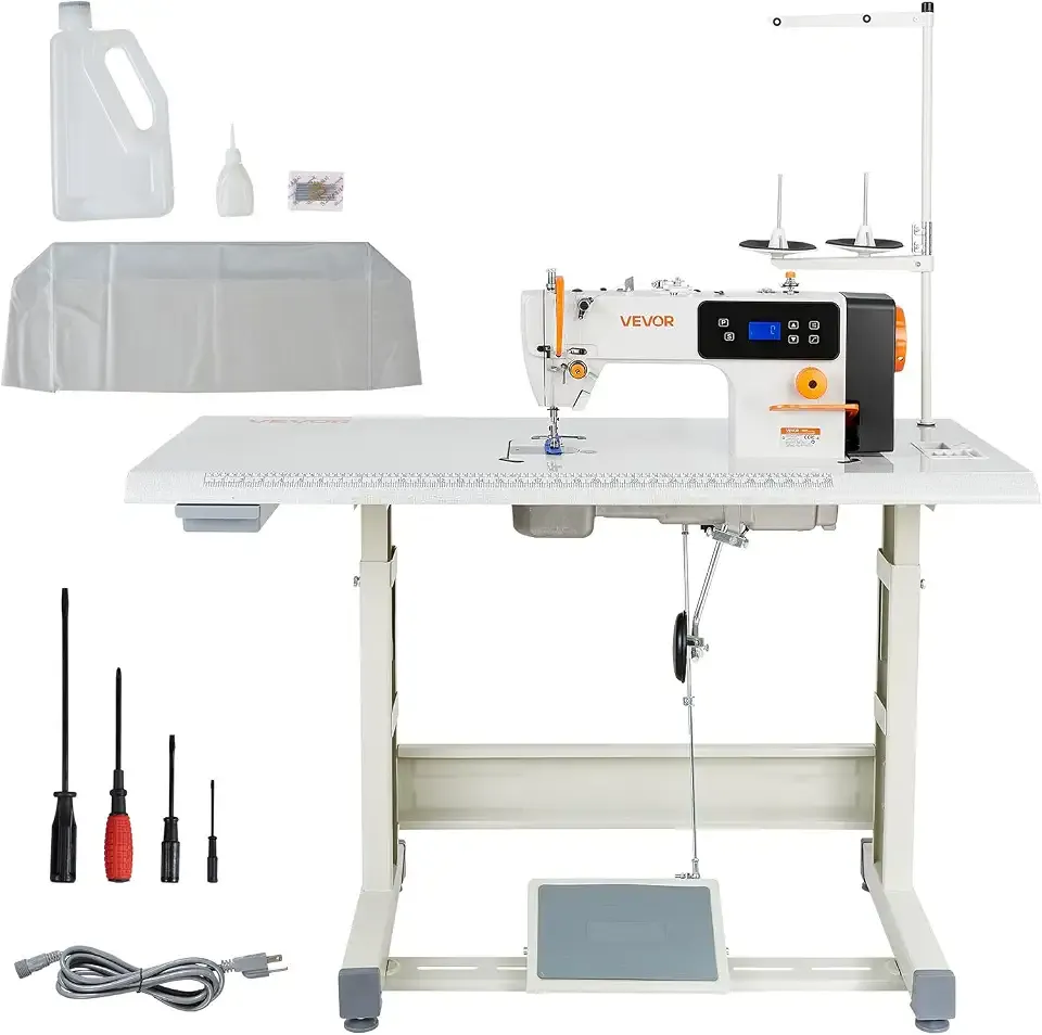 VEVOR Industrial Lockstitch Sewing Machine, 550W Commercial Set with Servo Motor & Table Stand, 5000 SPM High Speed, Metal Frame, LCD Panel, LED Light for Cotton Wool Denim Leather Canvas