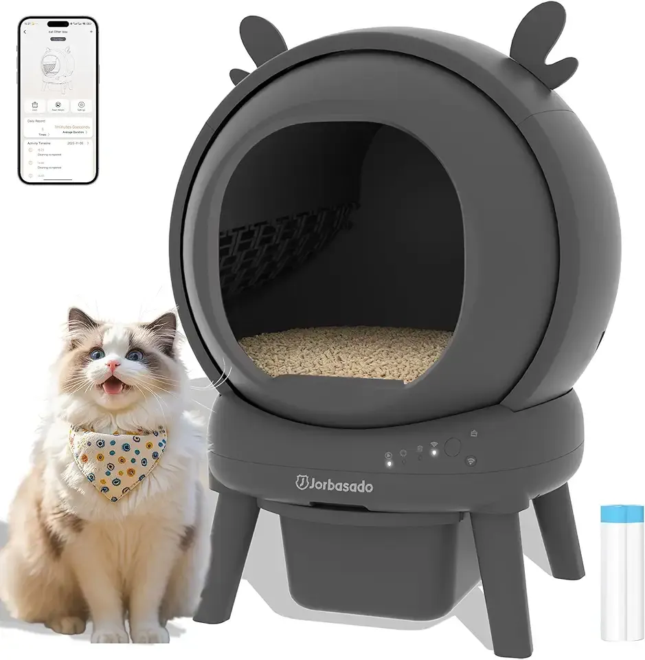 J JORBASADO Self Cleaning Litter Box, Large Capacity Automatic Litter Box Self Cleaning for Multiple Cats with Dual Safety Protection, Odor Control, with Deer Antler Decor