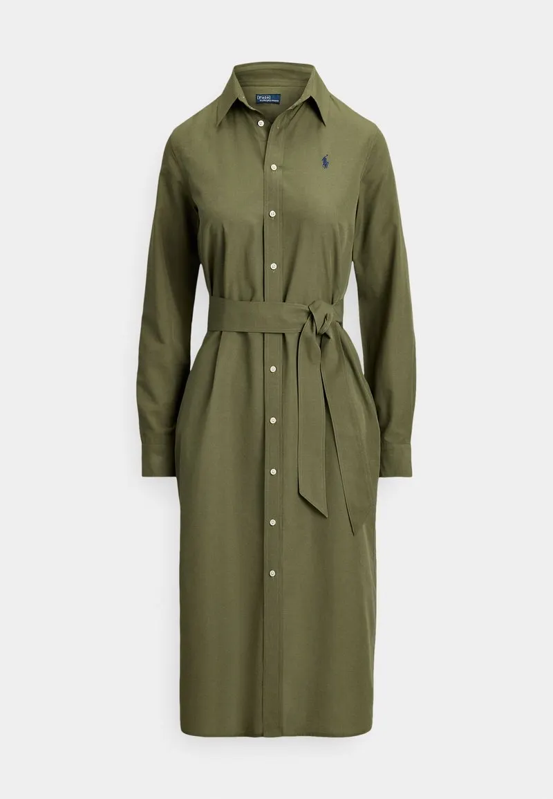COTTON-LINEN BELTED SHIRTDRESS - Skjortekjole - supply olive