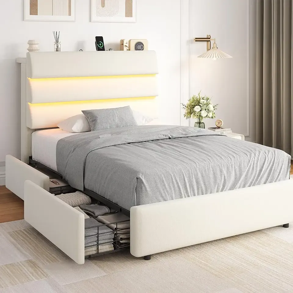 Jocoevol Twin Size Bed Frame with 2 Flexible Storage Drawers and Headboard Shelf, Velvet Upholstered Platform Bed with LED Lights & Charging Station, Wooden Slats Support, No Box Spring Needed, Beige