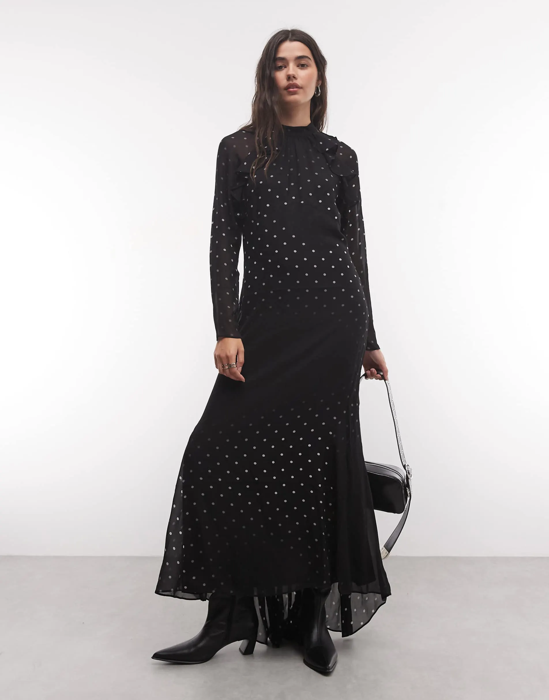 AllSaints Clarisse long sleeve high neck polka dot maxi dress in black
