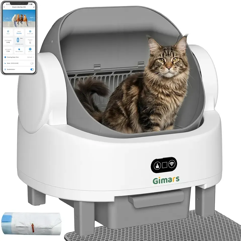 Gimars Open Top Design Self Cleaning Litter Box, Automatic Cat Litter Box for Multiple Cats & Senior Cats, App Control with Safety Sensors, Low Odor, Includes Trash Bags & Litter Mat
