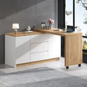 Escritorio de esquina con tablero giratorio, 2 puertas y 3 cajones - 120 x 50 x 76,5 cm - Tablero de partículas - Blanco + Roble