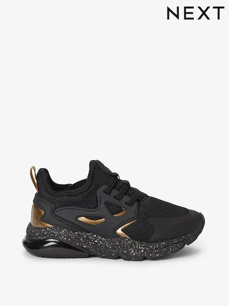 Black/Gold Standard Fit (F) Elastic Lace Trainers