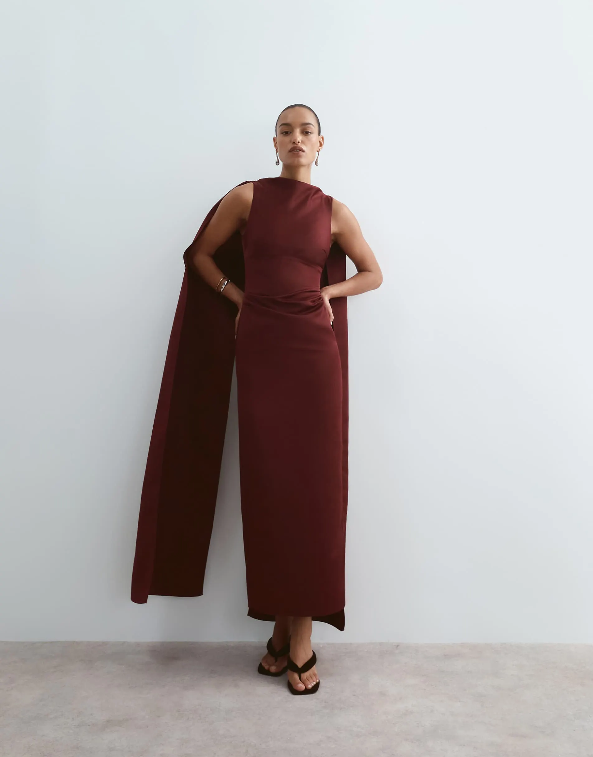 ARRANGE bonded satin maxi dress with train in burgundy