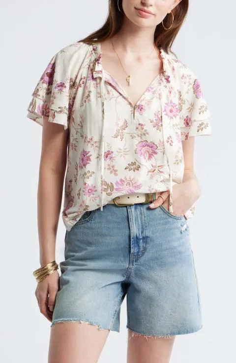 Shirred Botanical Print Linen Blend Top