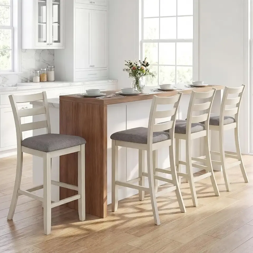 COSTWAY Set of 4 Counter Height Bar Stools with Solid Rubber Wood Frame