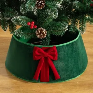 Decoración navideña para el hogar, falda de árbol de Navidad con lazo, base de árbol de felpa, verde con lazo rojo, 40 x 56 x 20 cm