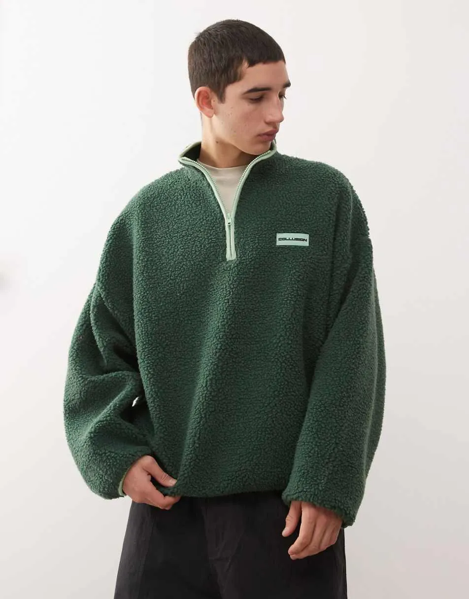 COLLUSION Half zip borg fleece in green