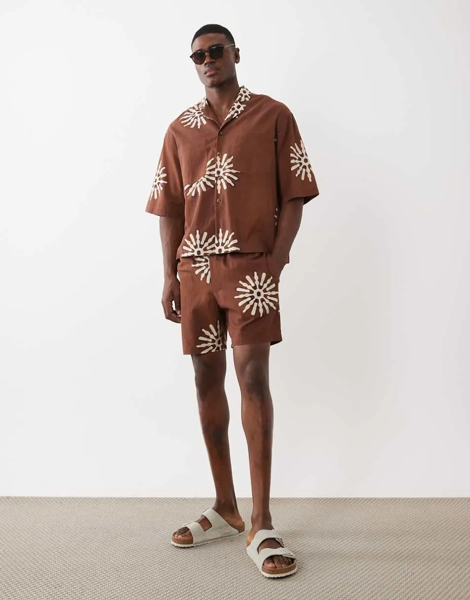 ASOS DESIGN co-ord boxy oversized revere shirt with linen in all over sun print in brown