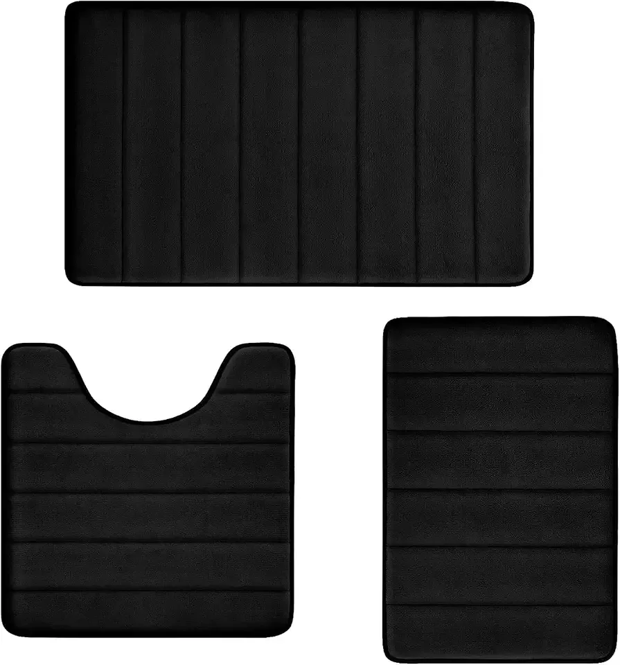 Bathroom Rugs Set Memory Foam Bath Rugs Non-Slip Bath Mat Set 3 Piece,Washable Bathroom Mats,Absorbent Shaggy Rugs Super Soft U-Shaped Toilet Rug,Bahroom Carpets for Bathroom,Tub,Shower（Black）