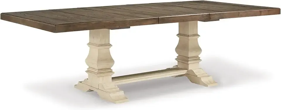 Signature Design by Ashley Bolanburg Farmhouse Extension Dining Table with Removable Center Leaf and Trestle Base, Dark Brown & White