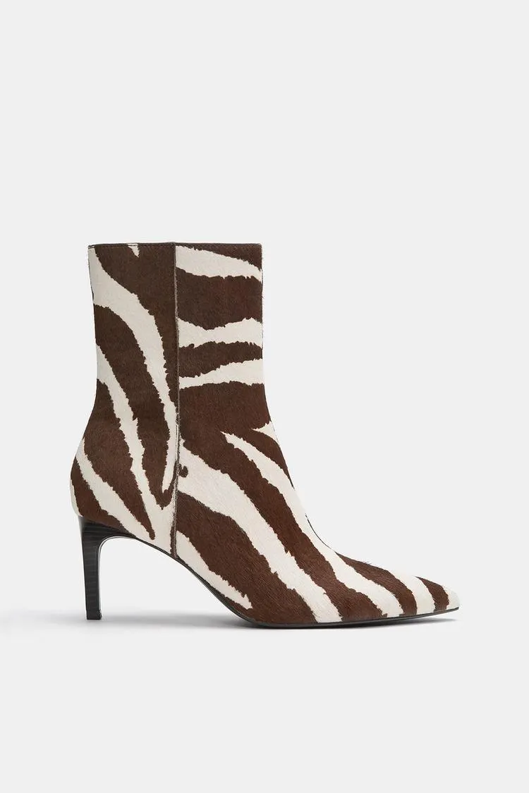Leather animal print high-heel ankle boots