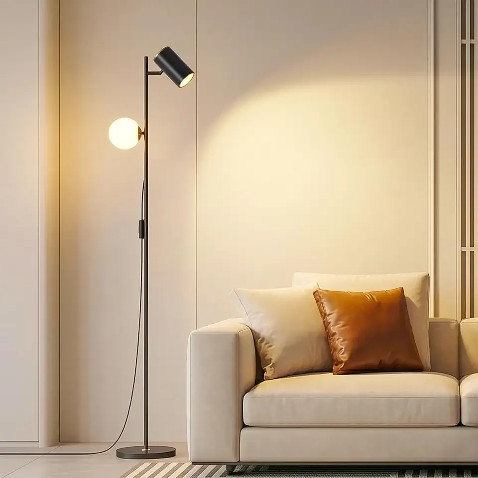 Modern Reading Floor Lamp with 3-Color Dimmable LED, 63" Tall | Dual Light Sources Adjustable Black Standing Lamp, Glass & Metal Shades, Ideal Reading Light for Living Room Bedroom Office