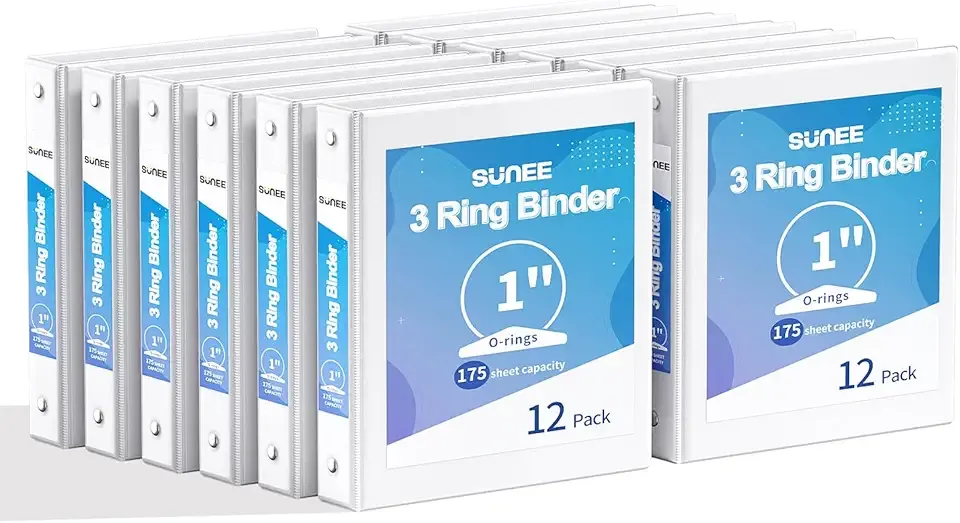 SUNEE 3 Ring Binders 1 Inch 12 Pack, Clear View Binders Bulk Three Ring PVC-Free (Fit 8.5x11 Inches) for School or Office Supplies, White