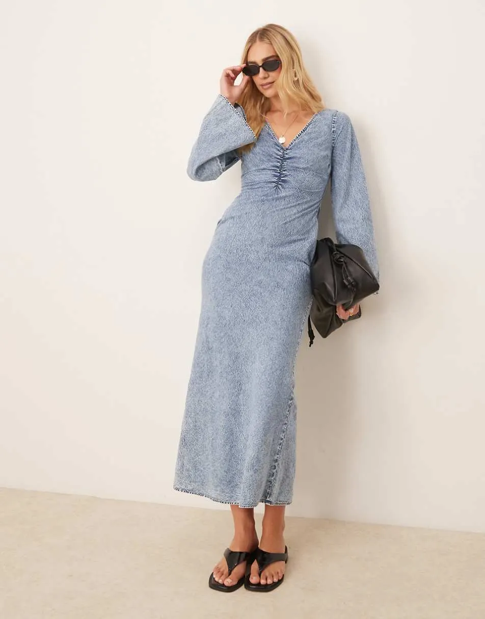 ASOS DESIGN v neck ruched bust maxi dress with flared sleeve in denim wash blue