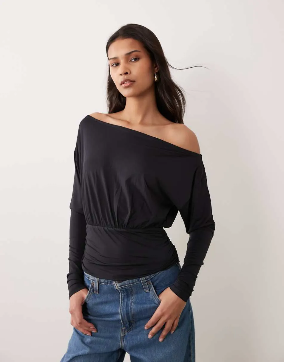ASOS DESIGN slinky off shoulder long sleeve top with cinch waist detail in black - BLACK