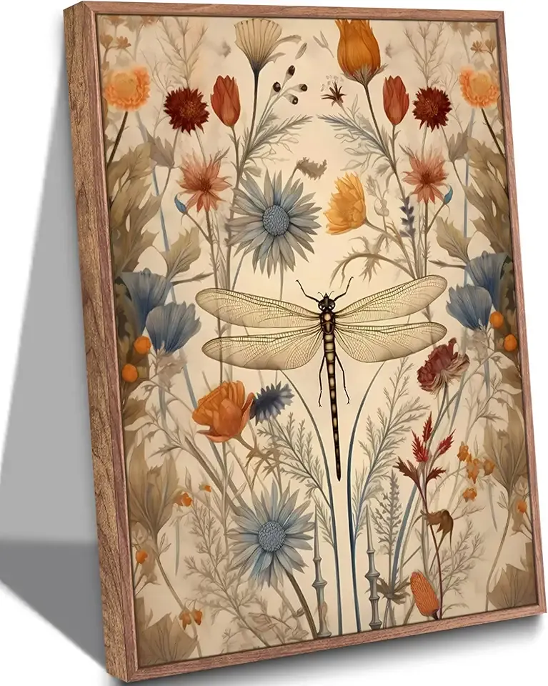 Framed Vintage Dragonfly Canvas Wall Art Whimsical Botanical Floral Picture Elegant Mid Century Natural Poster Prints Eclectic Insect Aesthetic Painting Wall Decor for Living Room Bedroom 8x10in