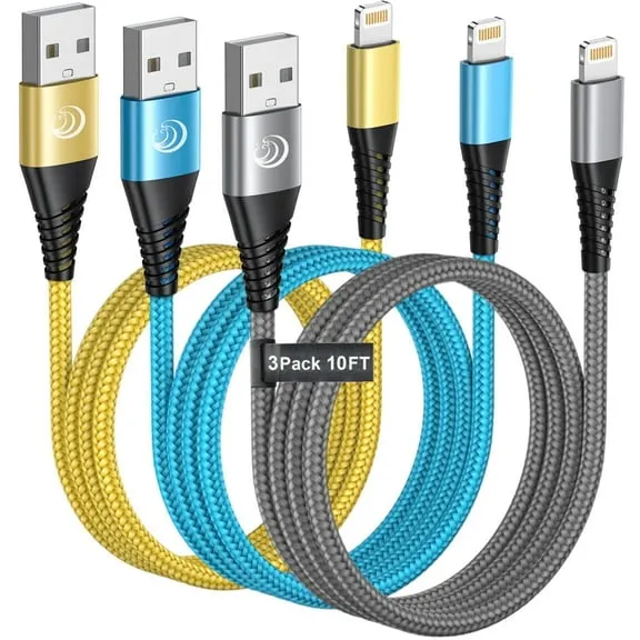 Aioneus 10ft 3A Fast Charger Cord, 3 Pack Braided Charging Cable Compatible with iPhone 14/13/12/11/iPad, Multicolor $10.99 Was $18.99 $10.99/count