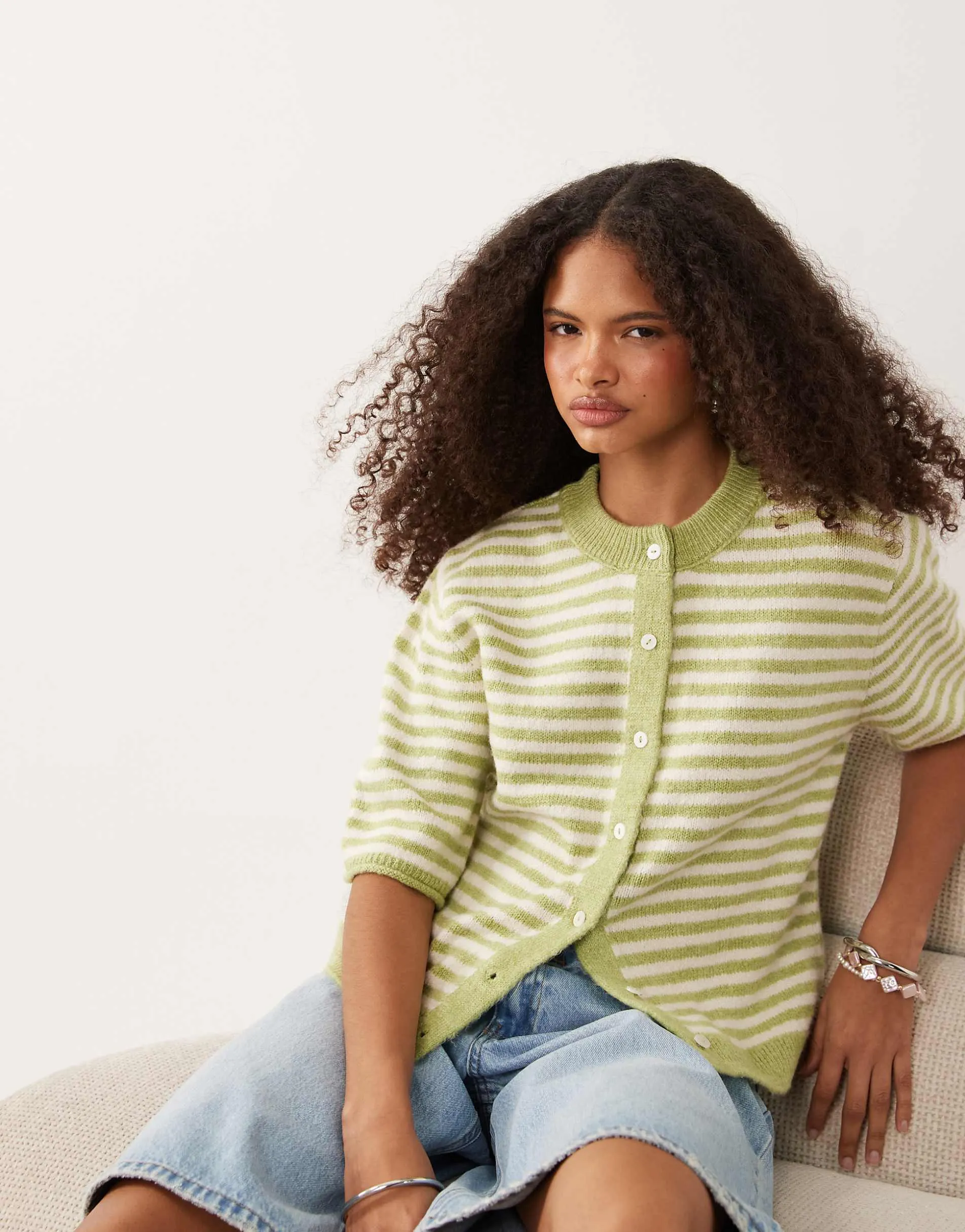 ASOS DESIGN lightweight relaxed short sleeve cardigan in pistachio and white stripe