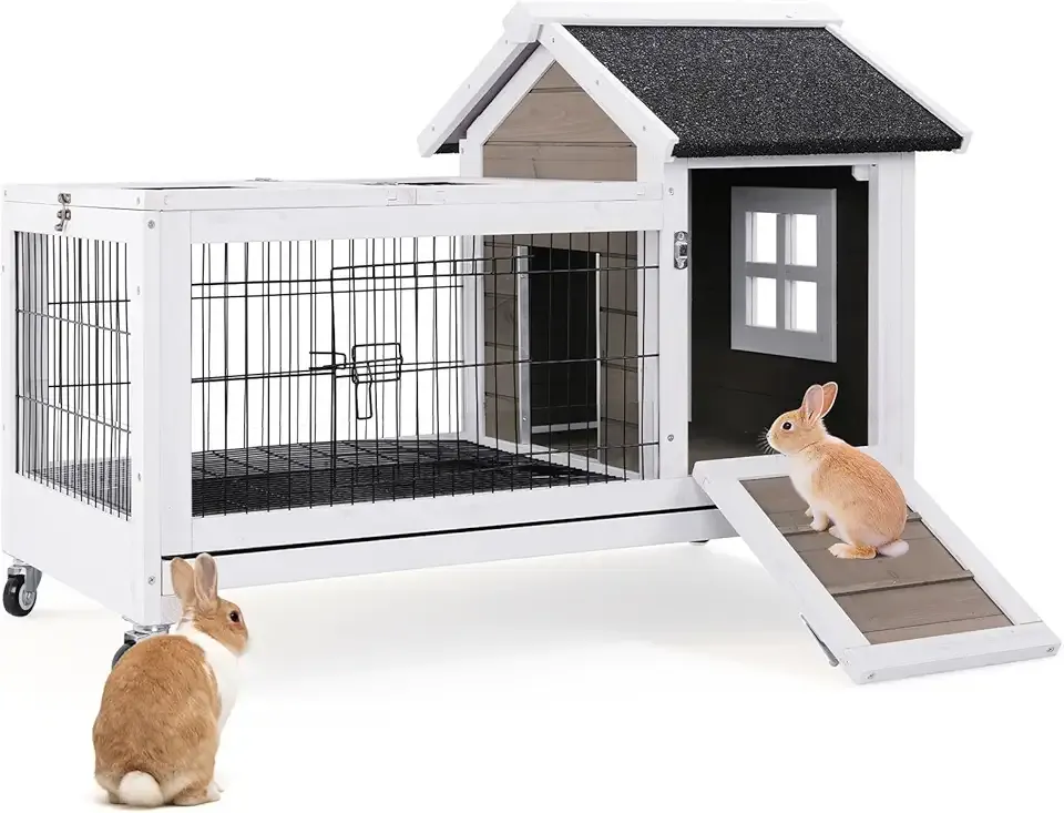 Rabbit Hutch Indoor Outdoor Rabbit Cage Bunny Hutch with Casters, Urine Baffles Bottom Wire Floor Leakproof Tray Metal Feeder Openable Roof