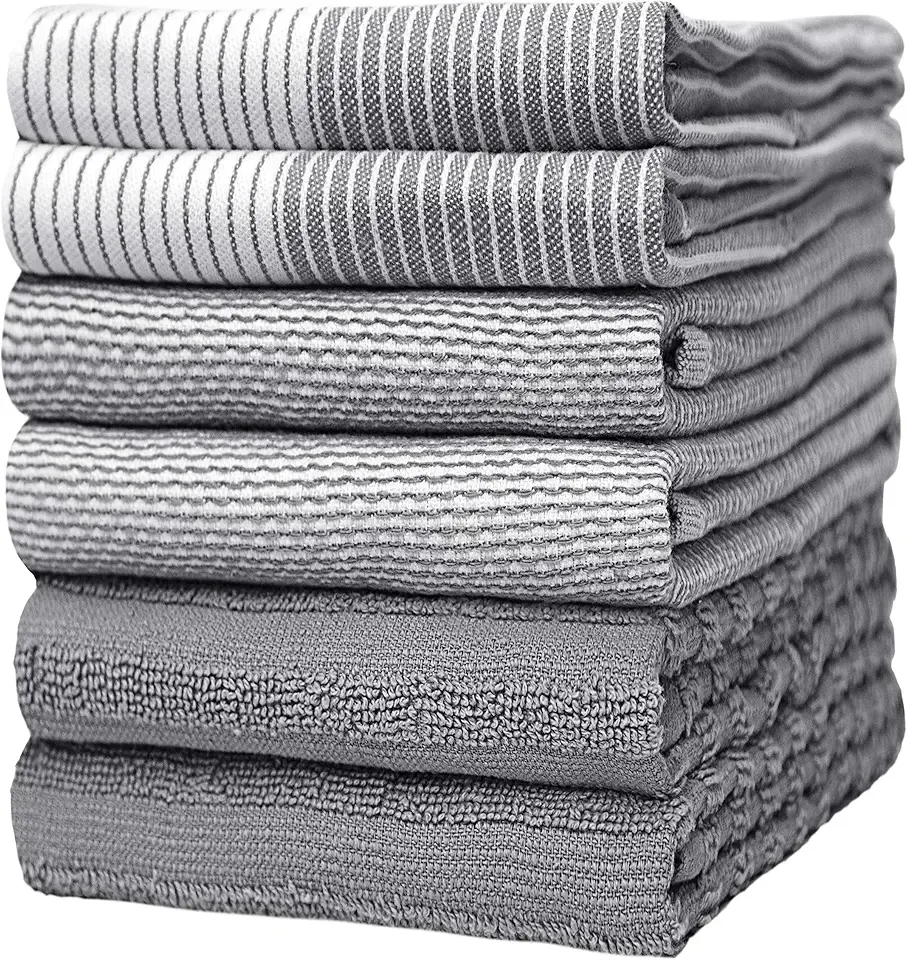 Premium Kitchen Towels (20”x 28”, 6 Pack) | Large Cotton Dish Towels | Flat & Terry Highly Absorbent Kitchen Linen Set with Hanging Loop | Gray