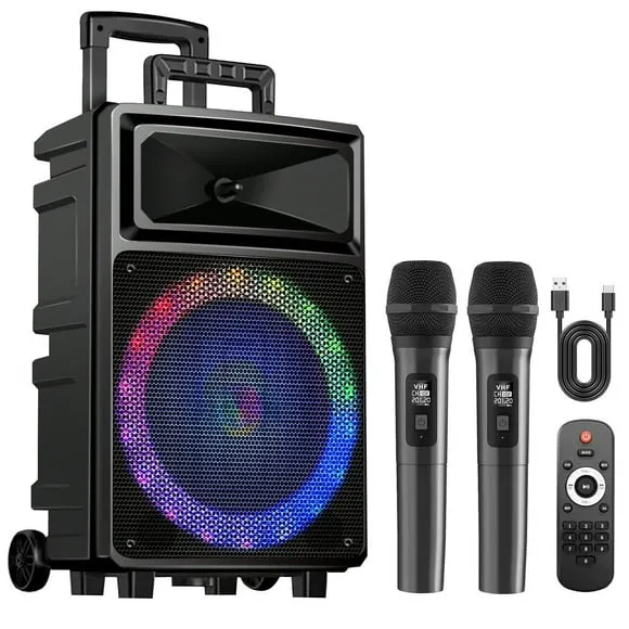 Seenda Karaoke Machine with 2 Wireless Microphones, Bluetooth Speaker, and Portable PA System – Includes FM Radio and 12" Woofer for Party