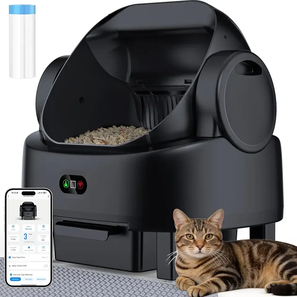 Self Cleaning Litter Box, Multiple Smart Safety Sensor, Open Top Automatic Litter Box, Large Capacity Multiple Cats, with APP Control/1 Trash Bag/1 Litter Mat, Cat Litter Box Automatic Cleaning