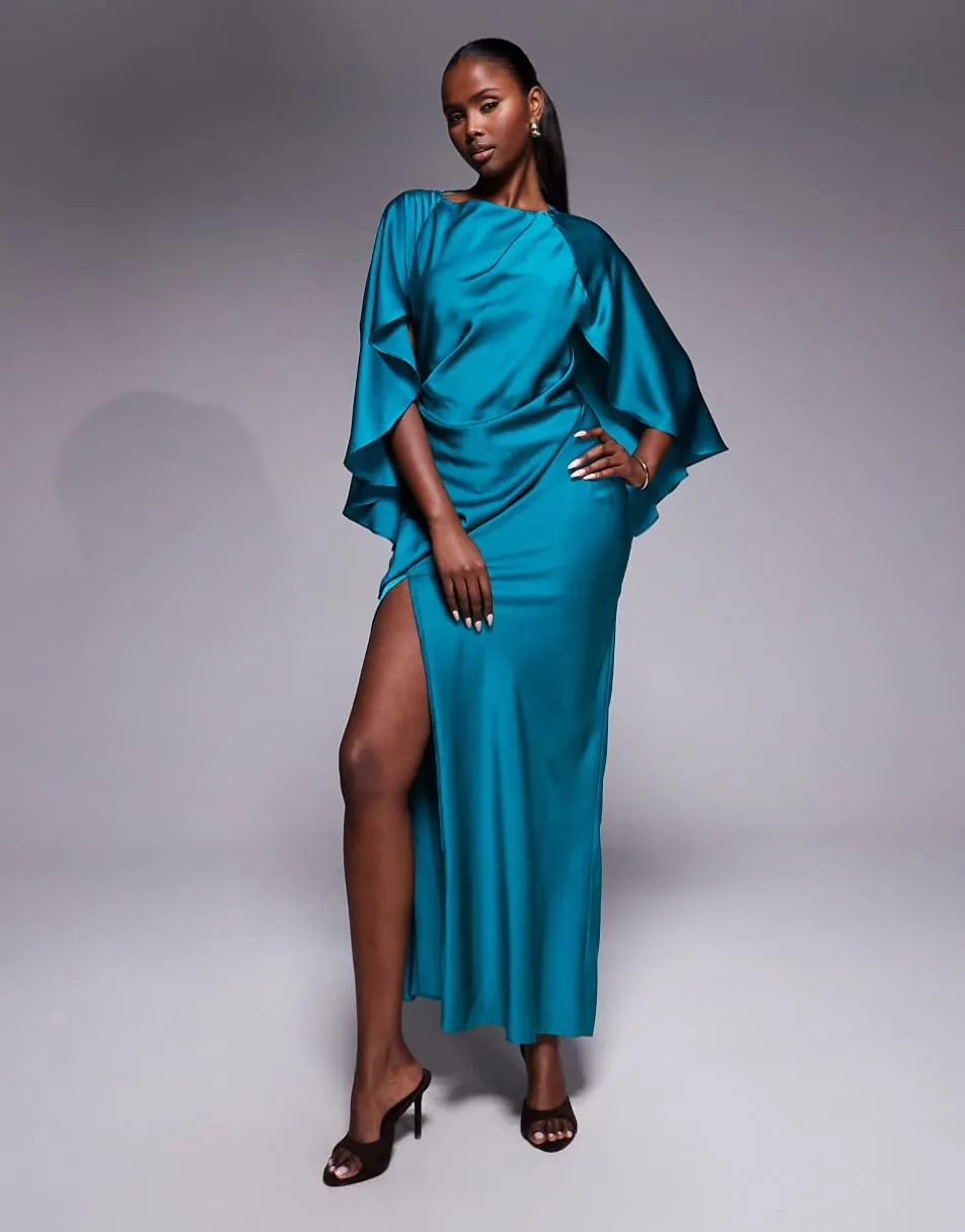 ASOS DESIGN satin ruffle cape sleeve maxi dress with open back detail and high split in teal